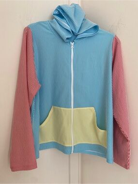 NWT Breton Striped Plus 1X Hoodie Swim Rash Guard Zip Jacket Blue Red Yellow